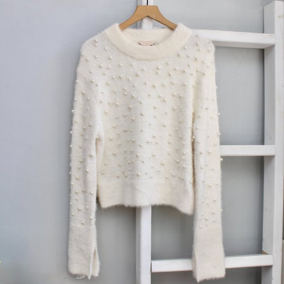 H&M Cream Beaded Pearl Pullover Crewneck Alpaca Blend Knit Jumper Sweater Medium - Picture 1 of 6